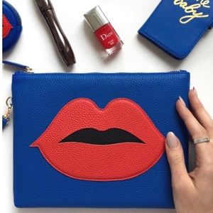 Blue Cosmetic Pouch Red Patch Lips - Vegan Leather